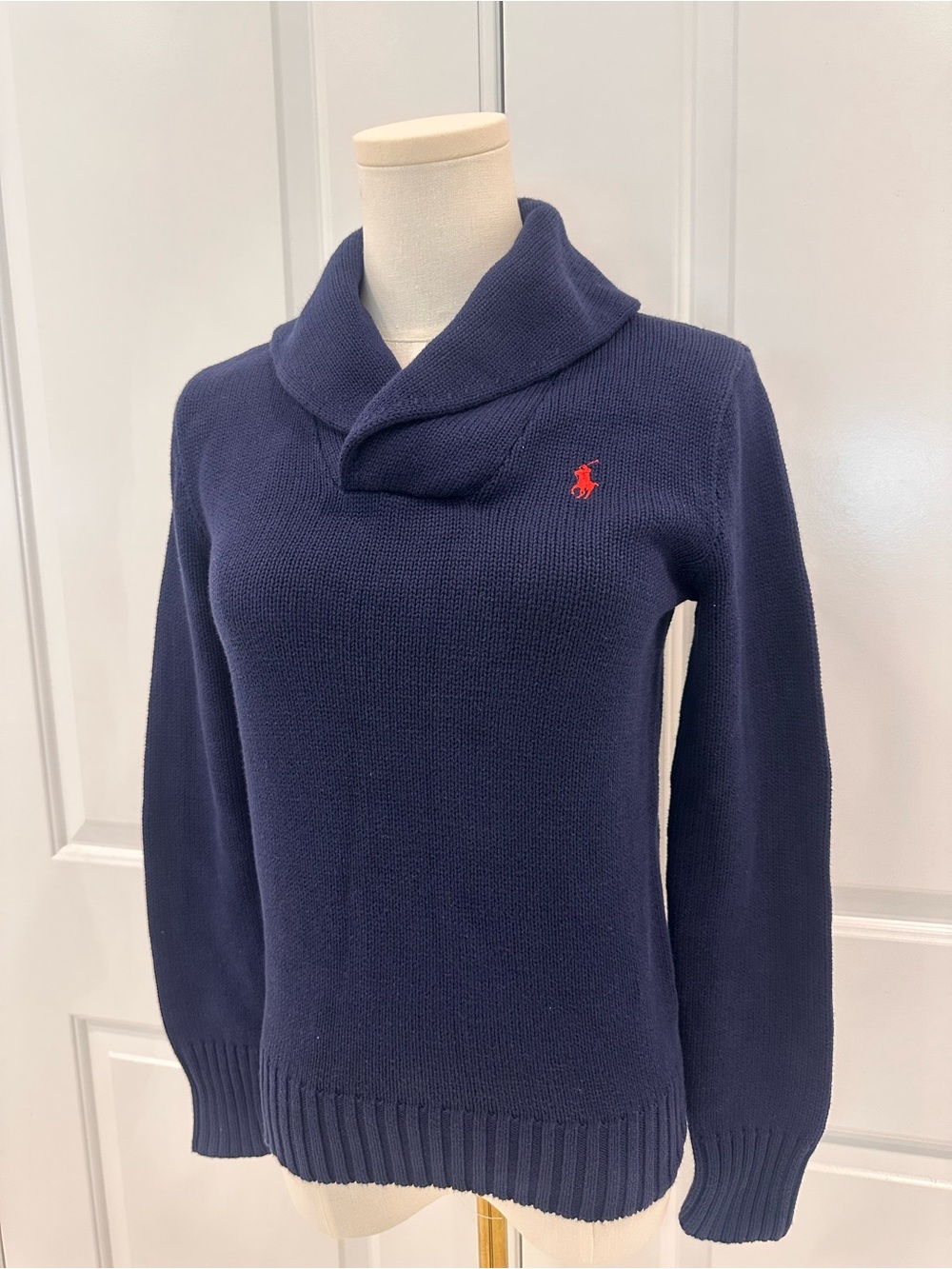 Polo by Ralph Lauren Navy Shawl Collar Sweater with Red Pony 100% Cotton